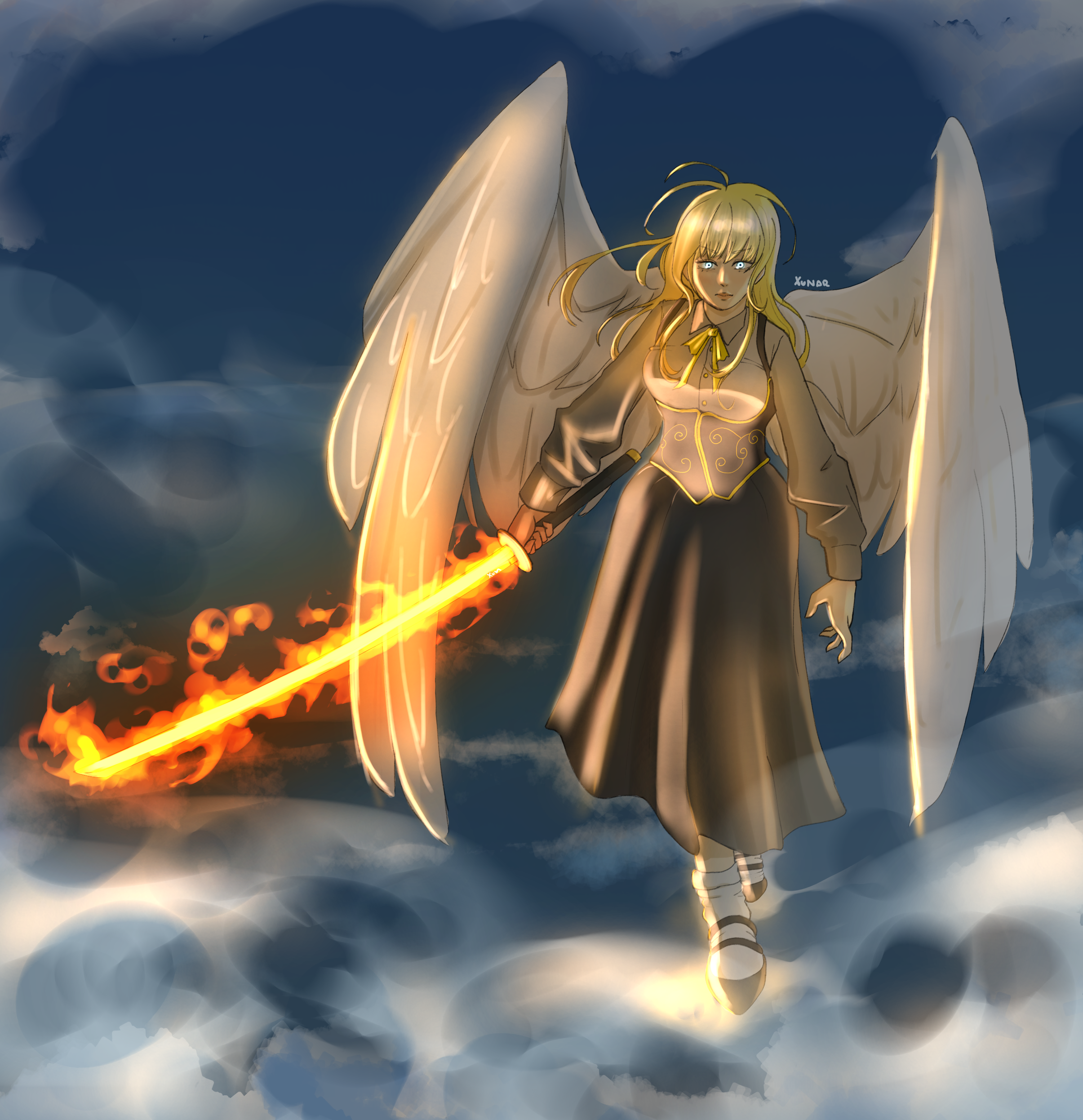 Commissioned illustration of Canon Uriel — blonde, blue-eyed, white-winged, descending through cloud with a flaming sword